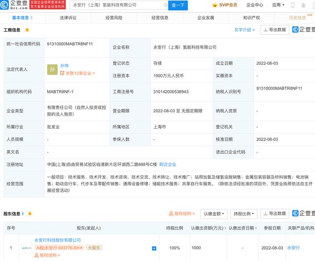 注冊資本1000萬元,永安行成立氫能科技公司 注冊資本1000萬元,永安行成立氫能科技公司