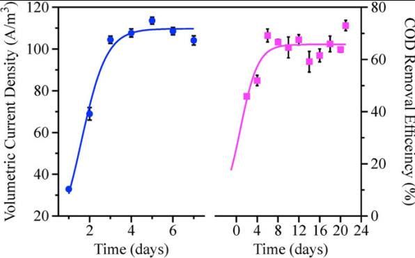 PHP-MEC反應(yīng)器的關(guān)鍵性能指標(biāo)(電流密度和COD去除率)隨時(shí)間的變化.jpg